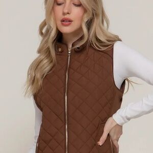 Women's Quilted Puffy Vest in Camel w/Side Pockets & Gold Button Details Size S